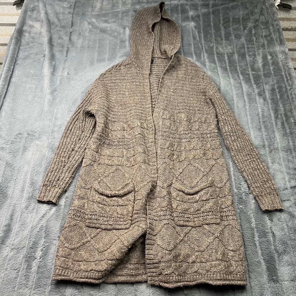 American Eagle Hooded Cardigan Sweater Womens Medium Brown Cable Knit Wool Blend
